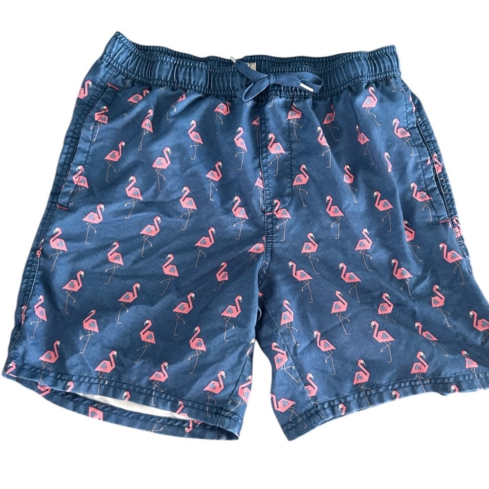 Trinity Coast Men's Swim Trunks Sz MED Blue Pink Flamingos Tie Front Mesh Lining